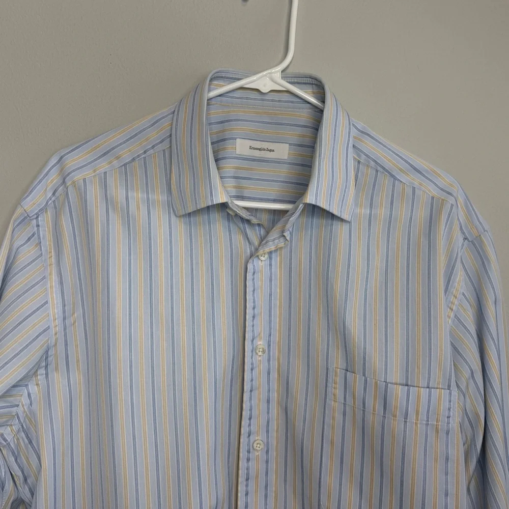 Ermenegildo Zegna Light Blue Yellow Stripe Dress Shirt 16.5 Cotton Portofino - Picture 2 of 11